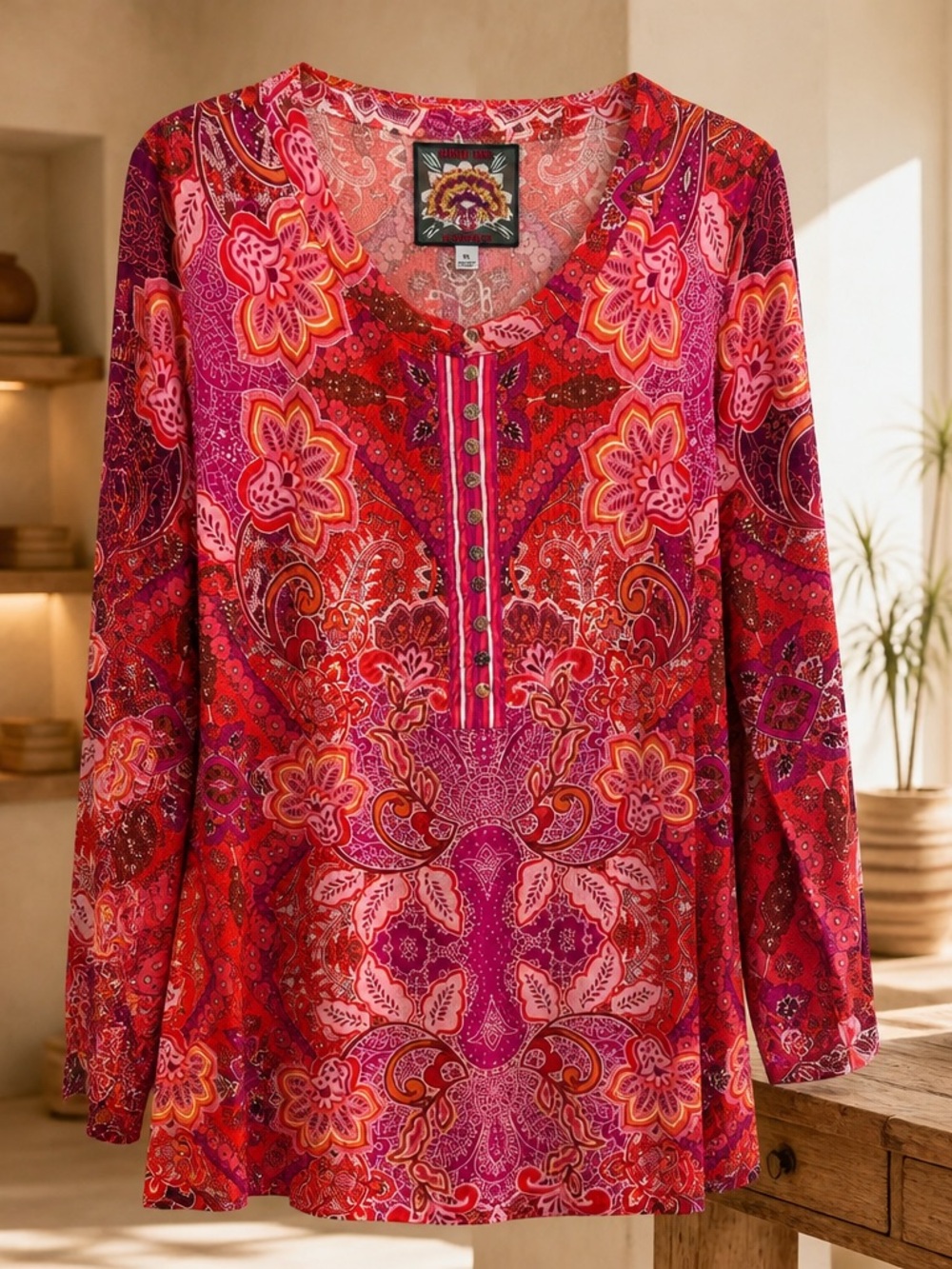 Johnny Was Red and Pink Paisley “Lantana Scarf” Button Down Rayon Blouse. NWT XL